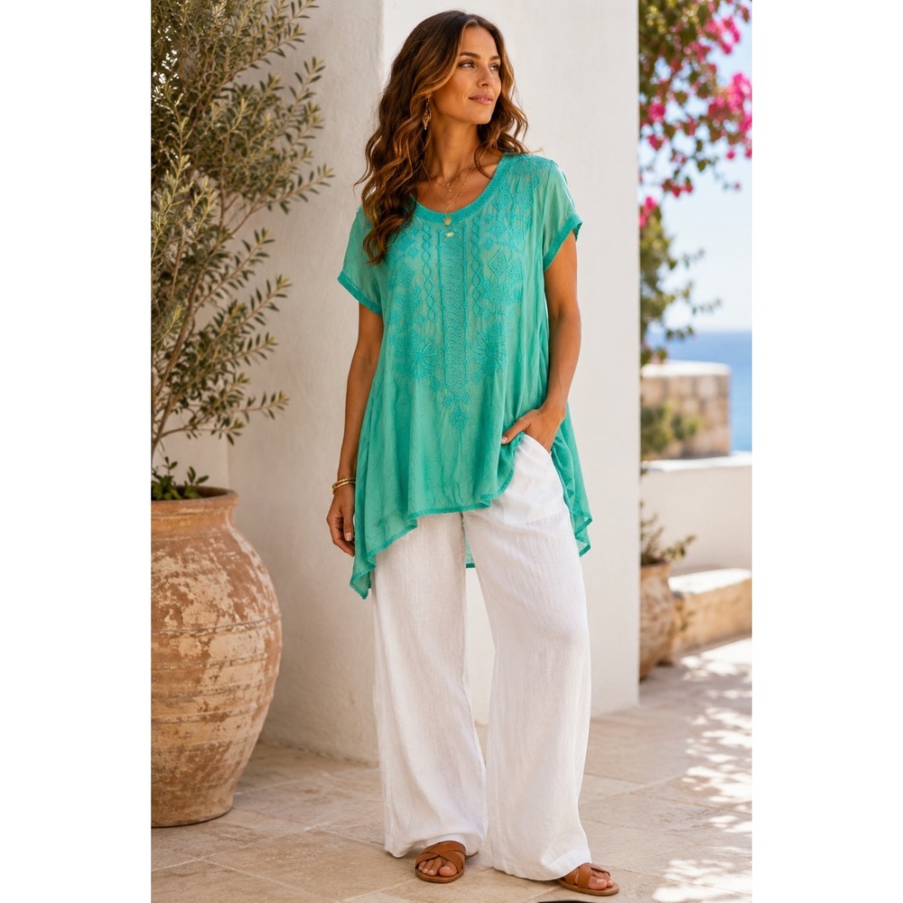 Johnny Was Mint Turquoise Embroidered Cupra Tunic Top Size Small Boho Luxe